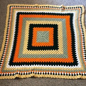 Handmade Crochet Blanket in Orange, Green, and Yellow